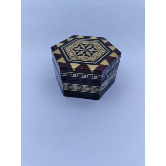 Handmade Taracea Wooden Moorish style 3.25" Hexagon trinket Box From Spain - Picture 11 of 12